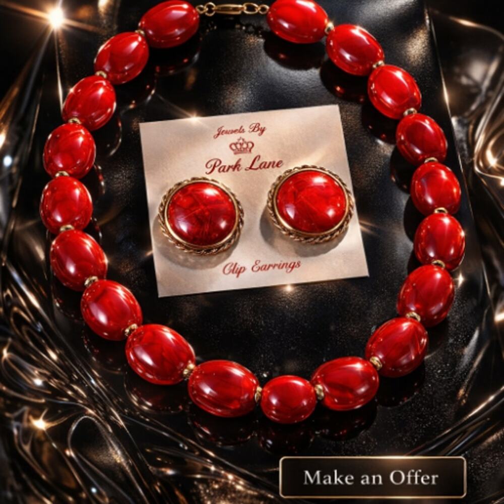 VTG Park Lane Color Connections Red Bead Necklace & matching Clip  Earrings NEW